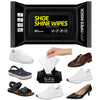 Shoe shine wipes packaging with various shoes and a hand using a wipe.